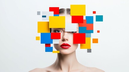 Concept of image segmentation with pixelated overlay on a city street background and a woman's profile.