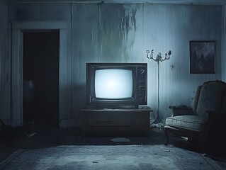 Tv in a dark creepy living room, movie night