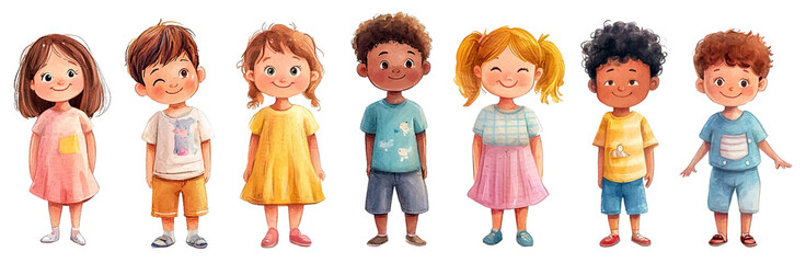 Happy cartoon little kids. Set of isolated watercolor characters. Preschool children standing in a row