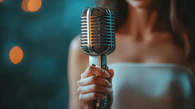 Woman holding a vintage microphone in a dimly lit background during a live music performance or rehearsal. Generative AI