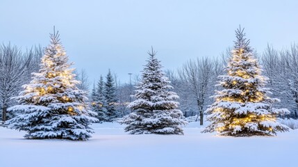Snowy Landscape with Christmas Trees Illuminated by Soft Lights