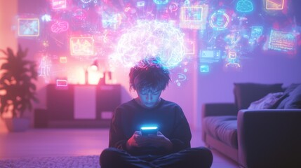 Digital Distractions - Photorealistic Brain Rot Concept Art of Young Adult Amid Chaotic Smartphone Icons in Dimly Lit Room