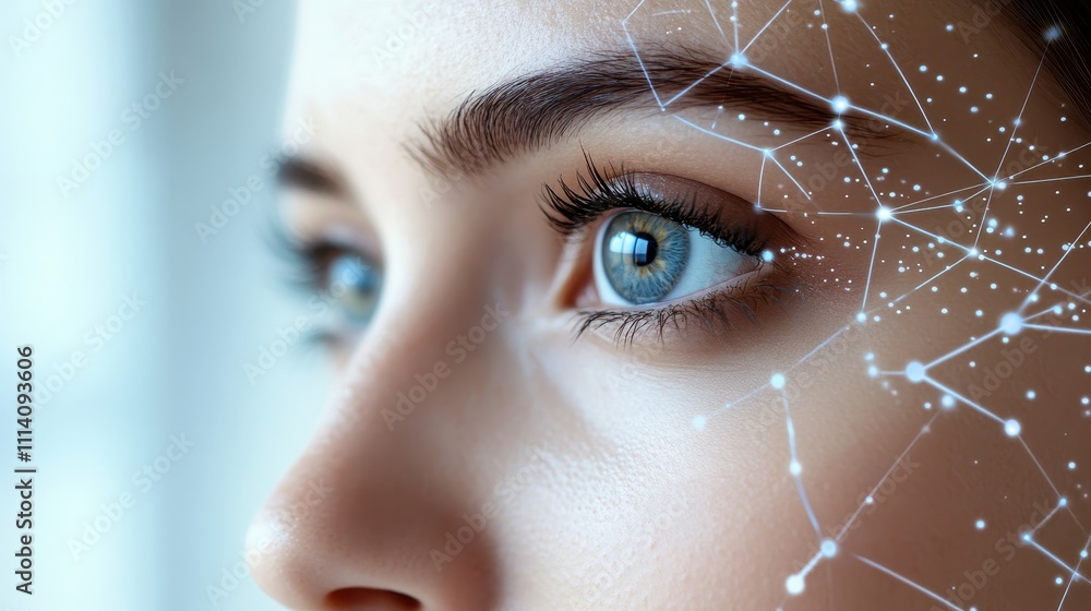 Poster a close-up view of a human eye with digital interface elements showcasing technology and connectivit