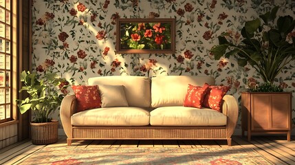 Earthy minimalist living room, Valentine's wallpaper with natural heart patterns and floral tones