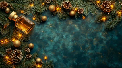 Seamless decorative Christmas border with coniferous branches and garlands of Christmas lights and ornaments cosmetics festival perfume