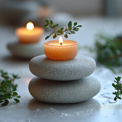 A spa stone setup with a small candle
