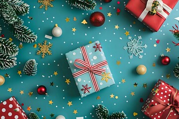 Celebrate Festive Season: Unwrap Joy with Gift Boxes, Ornaments, and Sparkling Confetti, Adorned with Festive Decor for a Merry Holiday Season. Experience the Magic of Winter Wonderland.