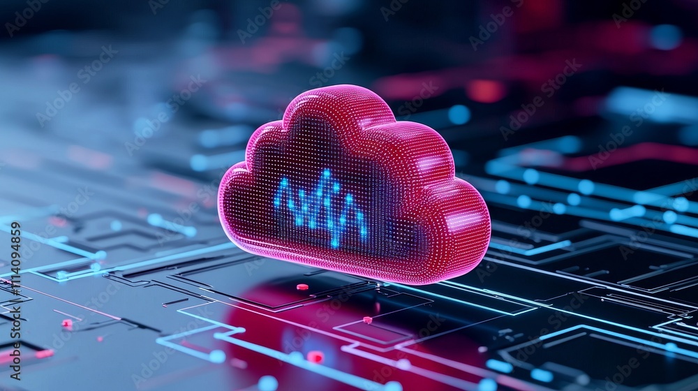 Aufkleber cloud migration represented by virtual clouds with data points and network connections.