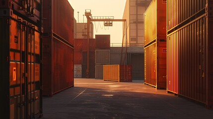 Rows of stacked cargo containers in a bustling warehouse yard bathed in the warm glow of the setting sun