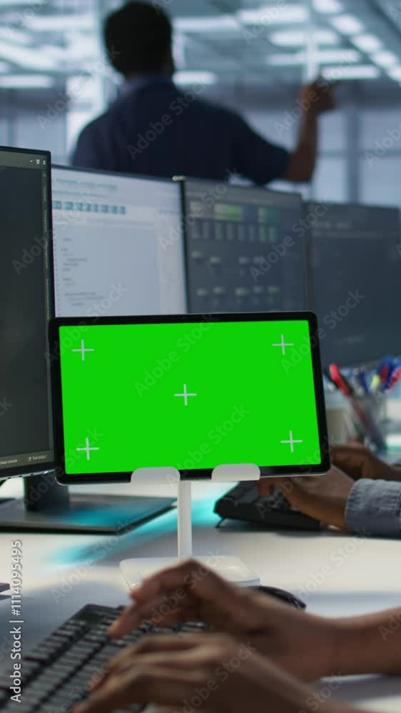 Poster vertical video close up of green tablet in server room used by system administrators to ensure minim