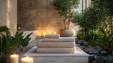 White towels, candles, and plants enhance the ambiance of this luxury spa setting.