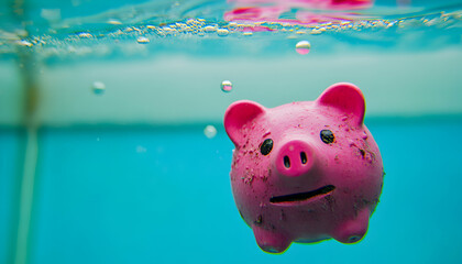 A dirty pink piggy bank submerged underwater, symbolizing financial difficulties or loss of savings.  Bubbles rise around it, enhancing the sinking feeling.