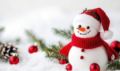 A snowman with a red snood and Father Christmas bonnet stands alone on a white backdrop.