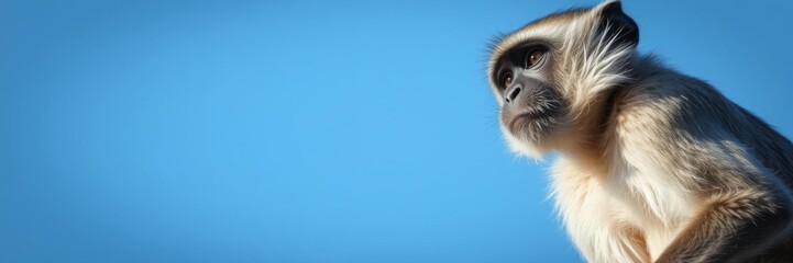 Fototapeta premium Close up of a monkey's face against a blue sky background, with a light blue sky in the middle and a black and white monkey head, primate, blue sky, animal