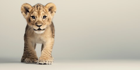 Studio photo of a cute lion cub isolated against a white background. Wildlife and conservation concept, space for copy.