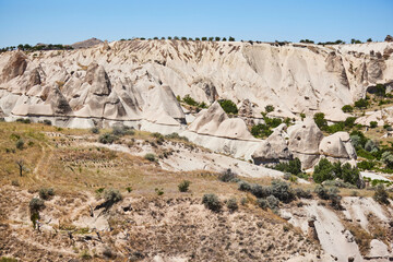 Mountain landscape in Cappadocia, Central Anatolia region, Turkey. Tuff mountains.
