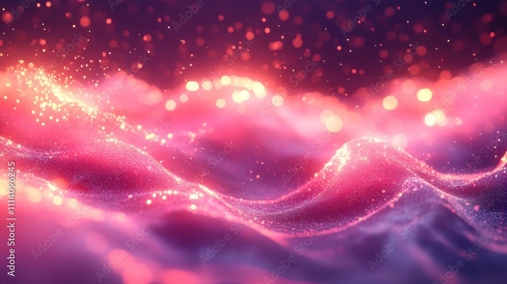 Poster the background features waves of pink and red hues with glowing particles and a soft bokeh effect.