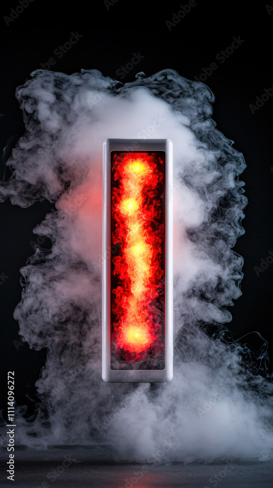 Poster fire alarm evacuation signal concept. a glowing red vertical structure emerges from a cloud of smoke
