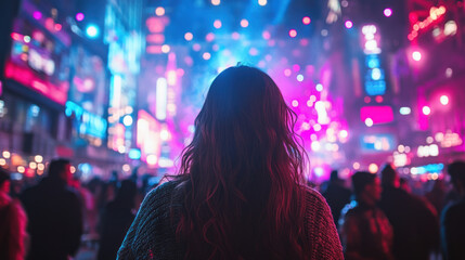 New Year's Eve countdown party on a crowded city street Focus on dancing girl, colorful stage lights And a digital countdown clock