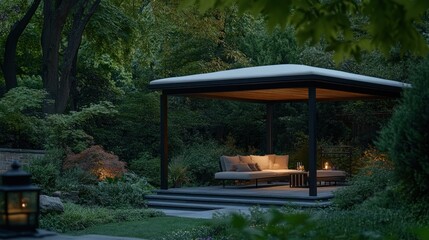 Serene Evening Garden Pavilion With Comfortable Seating