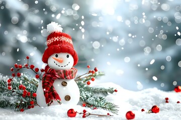 Obraz premium Winter Wonderland: A Festive Snowman in Snowy Landscape with Red Berries and Ornaments, Embracing the Joy of the Season's Greetings and Celebrating the Spirit of Winter Festivities.