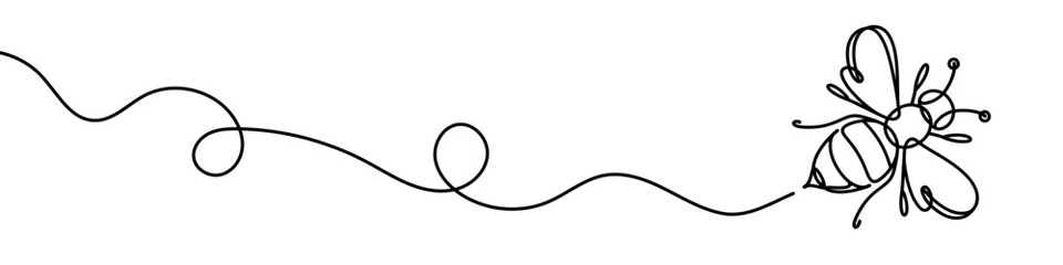 One continuous line illustration of a bee, isolated on white background. Line art of bee