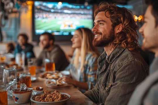Close-up of friends laughing and enjoying snacks while watching a football game on a large screen in a cozy, inviting bar.
