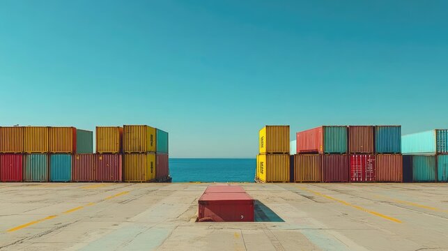 Cargo ship departing a dock, colorful containers stacked neatly, distant horizon visible under a clear sky, [shipping yard], [global commerce]