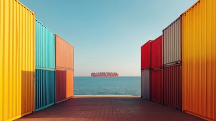 Fototapeta premium Cargo ship departing a dock, colorful containers stacked neatly, distant horizon visible under a clear sky, [shipping yard], [global commerce]