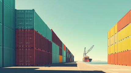 Fototapeta premium Cargo ship departing a dock, colorful containers stacked neatly, distant horizon visible under a clear sky, [shipping yard], [global commerce]