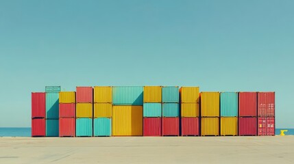 Cargo ship departing a dock, colorful containers stacked neatly, distant horizon visible under a clear sky, [shipping yard], [global commerce]