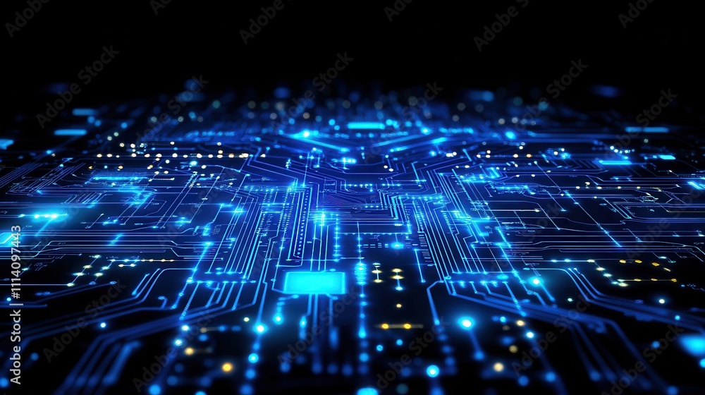 Poster digital concept banner on a dark background with an abstract blue circuit board background with boke