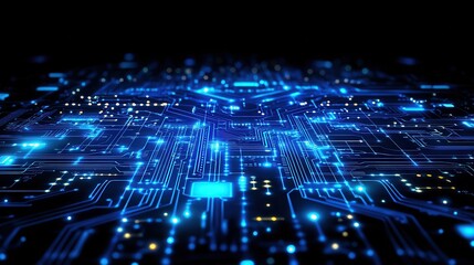 Digital concept banner on a dark background with an abstract blue circuit board background with bokeh lights.