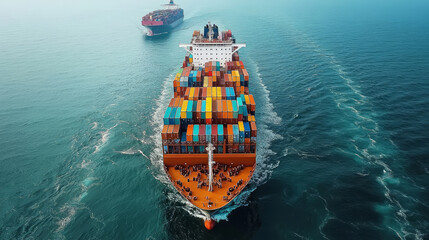 Container ship sailing on the sea, maritime logistics export concept