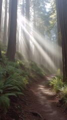 Obraz premium Sunlight Rays Through Trees in Misty Forest Pathway