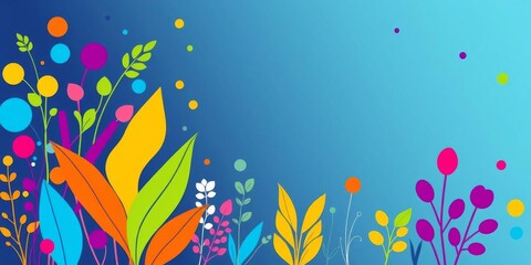 Colorful abstract background with white rectangle surrounded by shapes, plants, and dots, vibrant, multicolored, stock photo