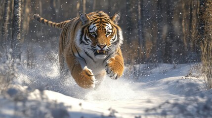 Fototapeta premium Majestic Tiger Running Through Snowy Forest