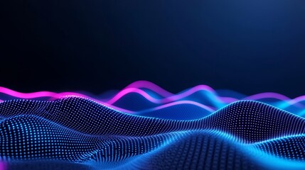 A digital landscape with neon waves and data points representing innovation and technology.
