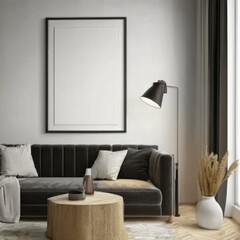 Elegant Living Room Wall Poster Mockup Featuring Minimalistic Interior Design and ISO A Paper Frame