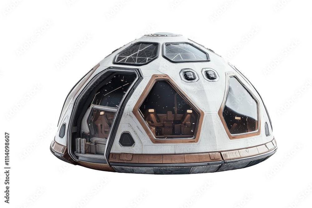 Poster a futuristic spacecraft with a domed shape and hexagonal windows, designed for space exploration.