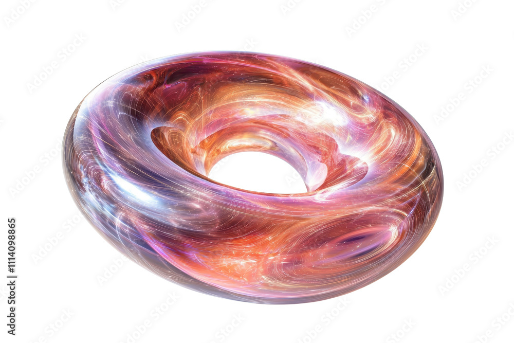 Poster a swirling, colorful toroidal shape with a smooth surface and a central void, showcasing vibrant hue