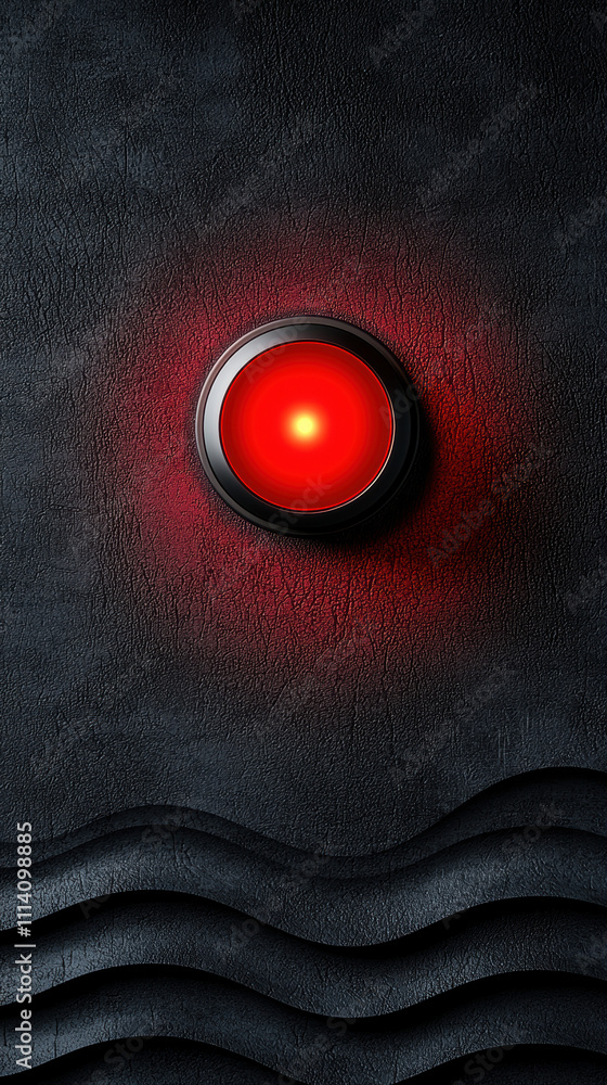 Poster fire alarm evacuation signal concept. a glowing red button on a textured black surface, surrounded b