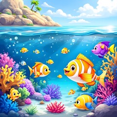 Cute cartoon fish with big eyes and smiles
