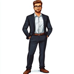 Fototapeta premium Confident adult man in a professional suit, illustration, front view, isolated on white, prepared for business.