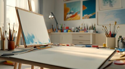 Naklejka premium Creative artist's desk with hand tools, paintbrushes, and colorful paints