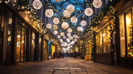 Obraz premium Enchanting Holiday Lights in a Festive Shopping Arcade