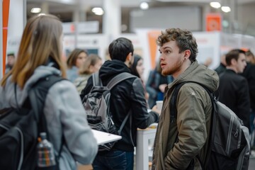 Young adults exploring career opportunities at a vibrant job fair.