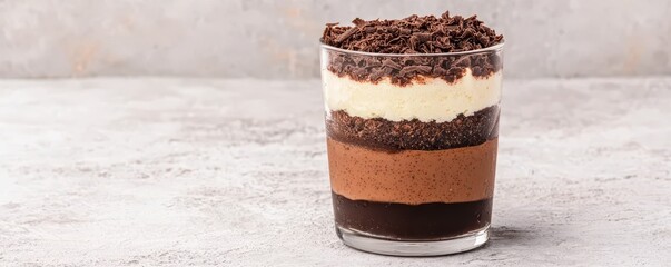 A layered dessert in a glass featuring rich chocolate, creamy mousse, and topped with chocolate sprinkles.