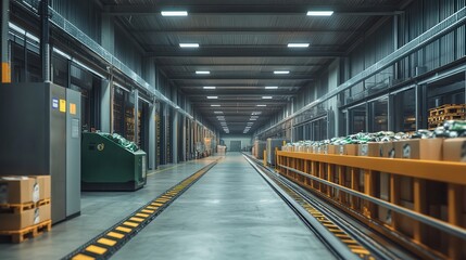 Fototapeta premium Sustainable warehouse featuring energy-efficient lighting, eco-friendly materials, and automated systems promoting environmentally-conscious operations.