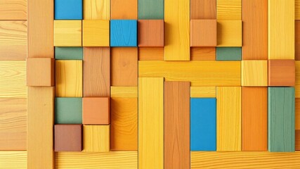 Colorful wooden blocks arranged in a wide format design, enhanced with hand-edited generative AI for a visually stunning display, aligned, blocks, geometric